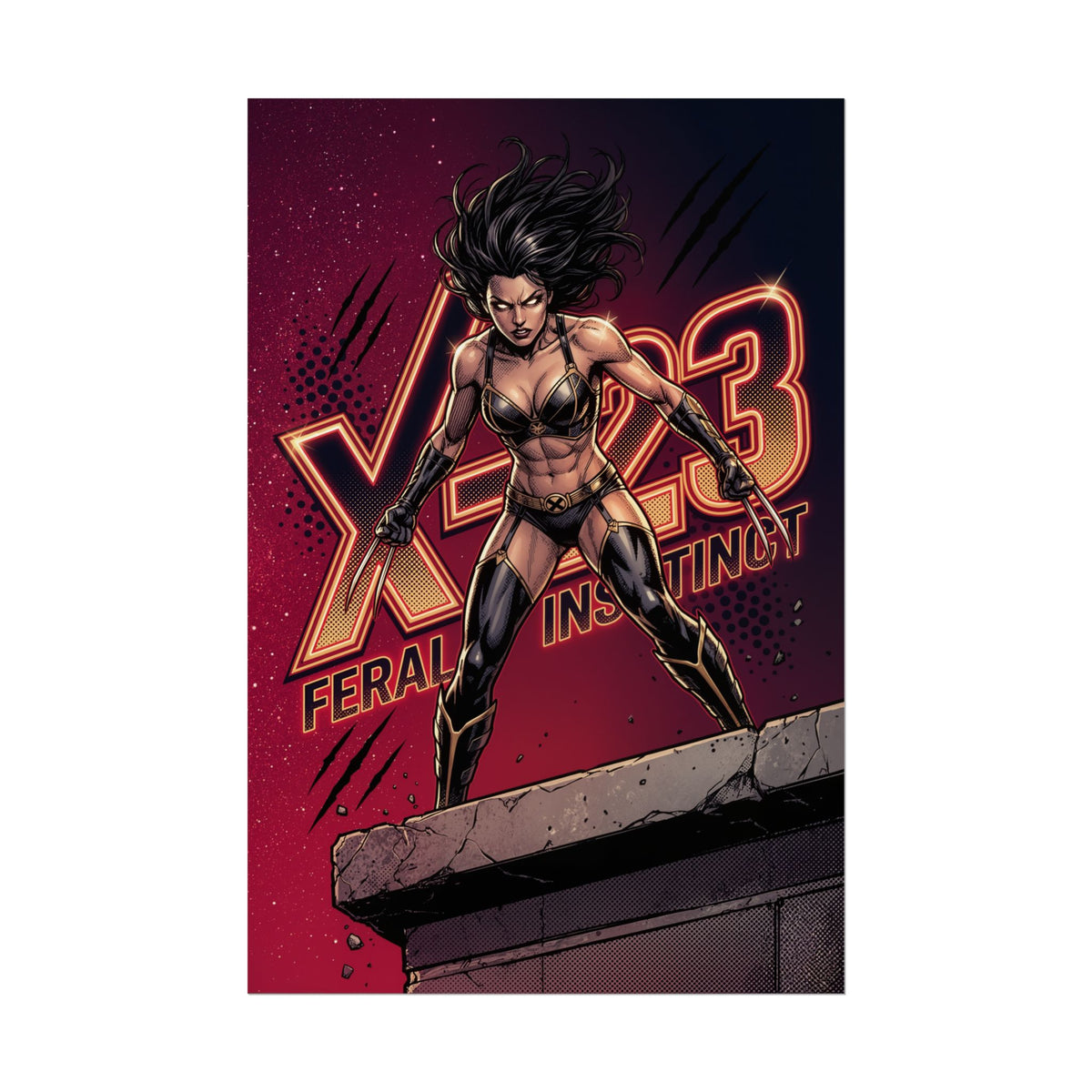 X-23 Poster / X-23 Wall Art / X-23 Art Print / X-Men Poster - fierce X-23 in combat stance with dramatic lighting and comic realism