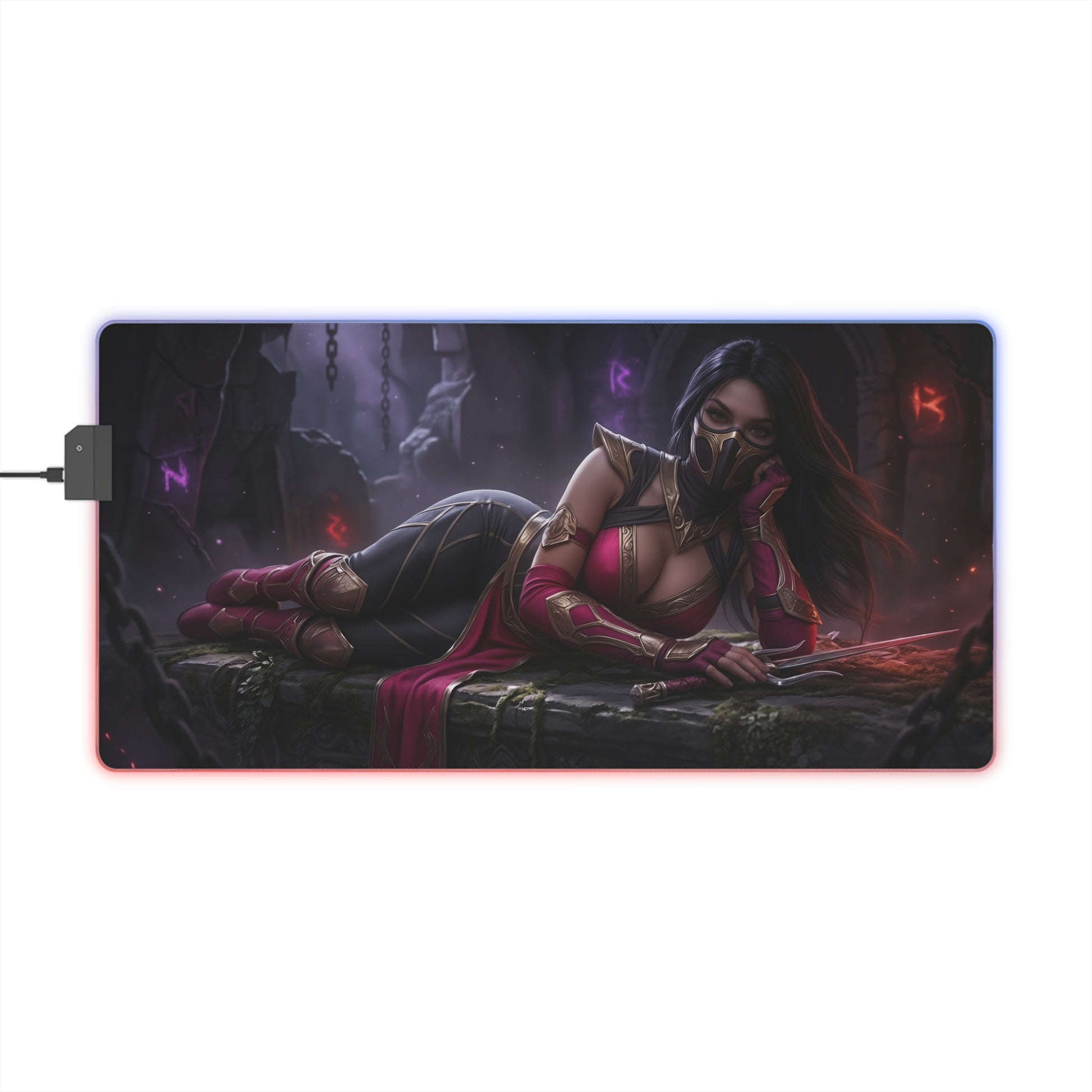 Mileena Desk Mat – LED RGB Pad, Waifu Assassin Anime Girl Setup with reclining masked assassin waifu, smooth precision-cloth surface and RGB edge lighting