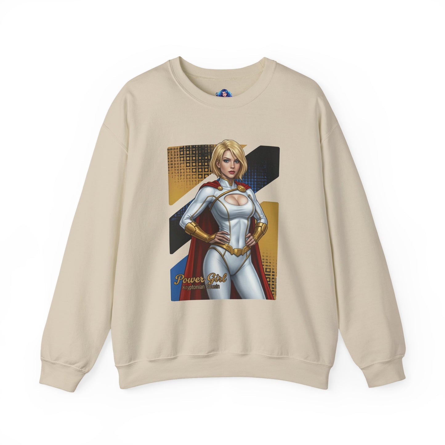 Power Girl Sweatshirt, DC Comics Crewneck, Bold Superhero Apparel for Fans - beige crewneck with confident Power Girl pose and comic-style print