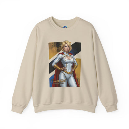Power Girl Sweatshirt, DC Comics Crewneck, Bold Superhero Apparel for Fans - beige crewneck with confident Power Girl pose and comic-style print
