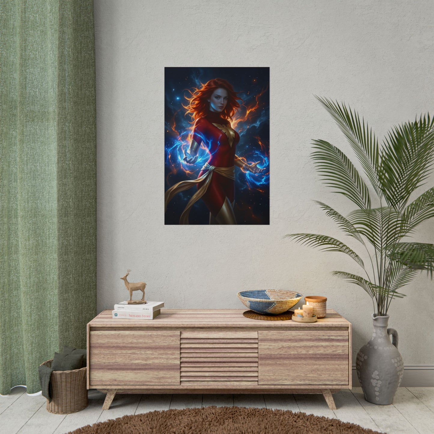 Jean Grey Poster, Marvel Art Print – Iconic Mutant Heroine Wall Art - vibrant high-res comic poster of Jean Grey displayed in modern room
