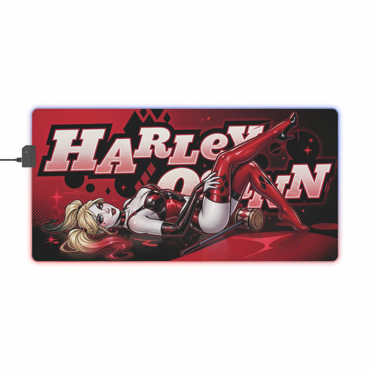 Harley Quinn RGB Desk Mat, DC Comics Gaming Mouse Pad, LED Desk Mat for Gamer Setup featuring Harley Quinn reclining in red comic-style artwork