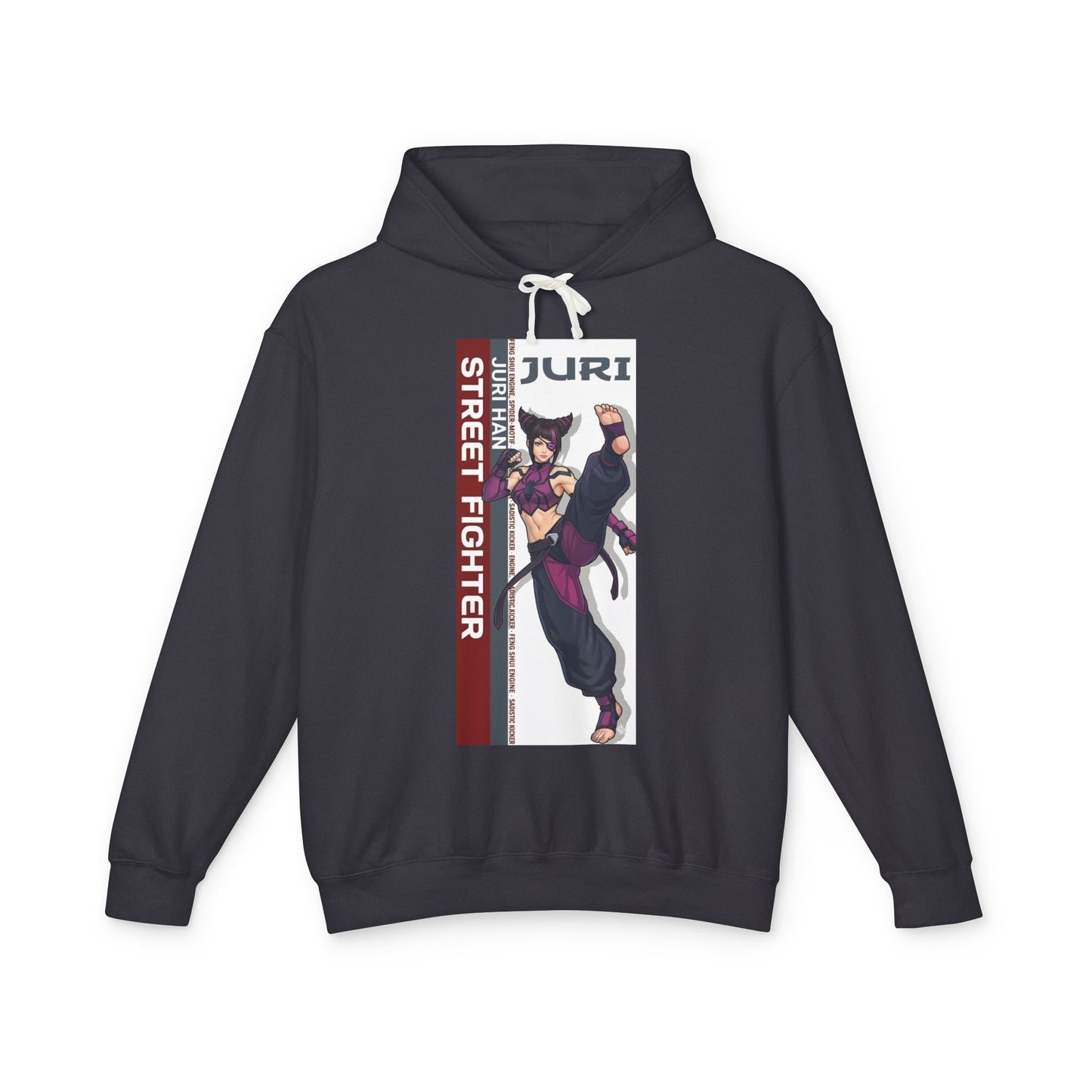 Juri Hoodie | Street Fighter Hoodie | Anime Fighter Girl Pullover black hoodie with bold vertical Juri anime fighter graphic