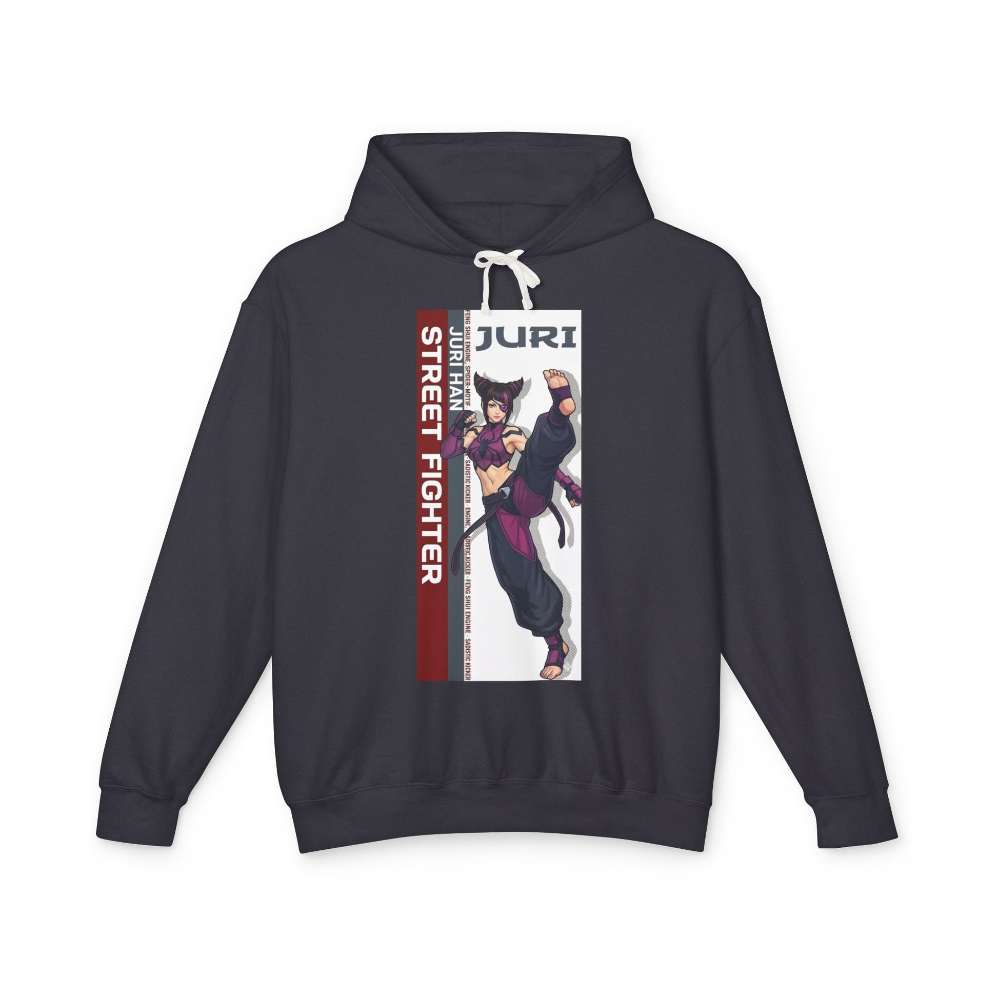 Juri Hoodie | Street Fighter Hoodie | Anime Fighter Girl Pullover black hoodie with bold vertical Juri anime fighter graphic