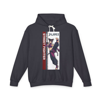 Juri Hoodie | Street Fighter Hoodie | Anime Fighter Girl Pullover black hoodie with bold vertical Juri anime fighter graphic