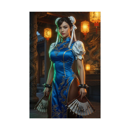 Chun-Li Poster – Iconic Fighting Game Heroine Wall Art for Gamer Decor, high-res Chun-Li portrait in blue qipao with fans, gaming room wall art