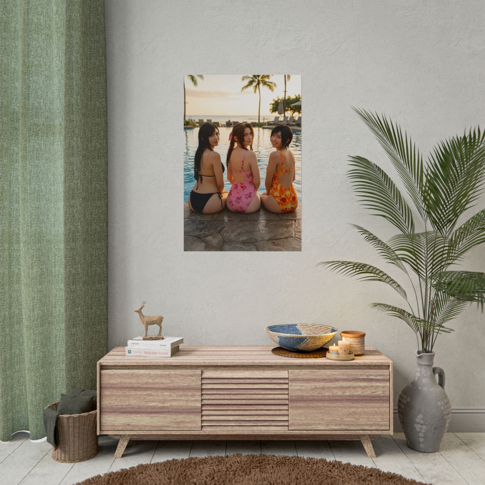Tifa Aerith and Yuffie Poster, Final Fantasy Art Print – Iconic RPG Trio wall art showing trio in vibrant swimwear over pool backdrop