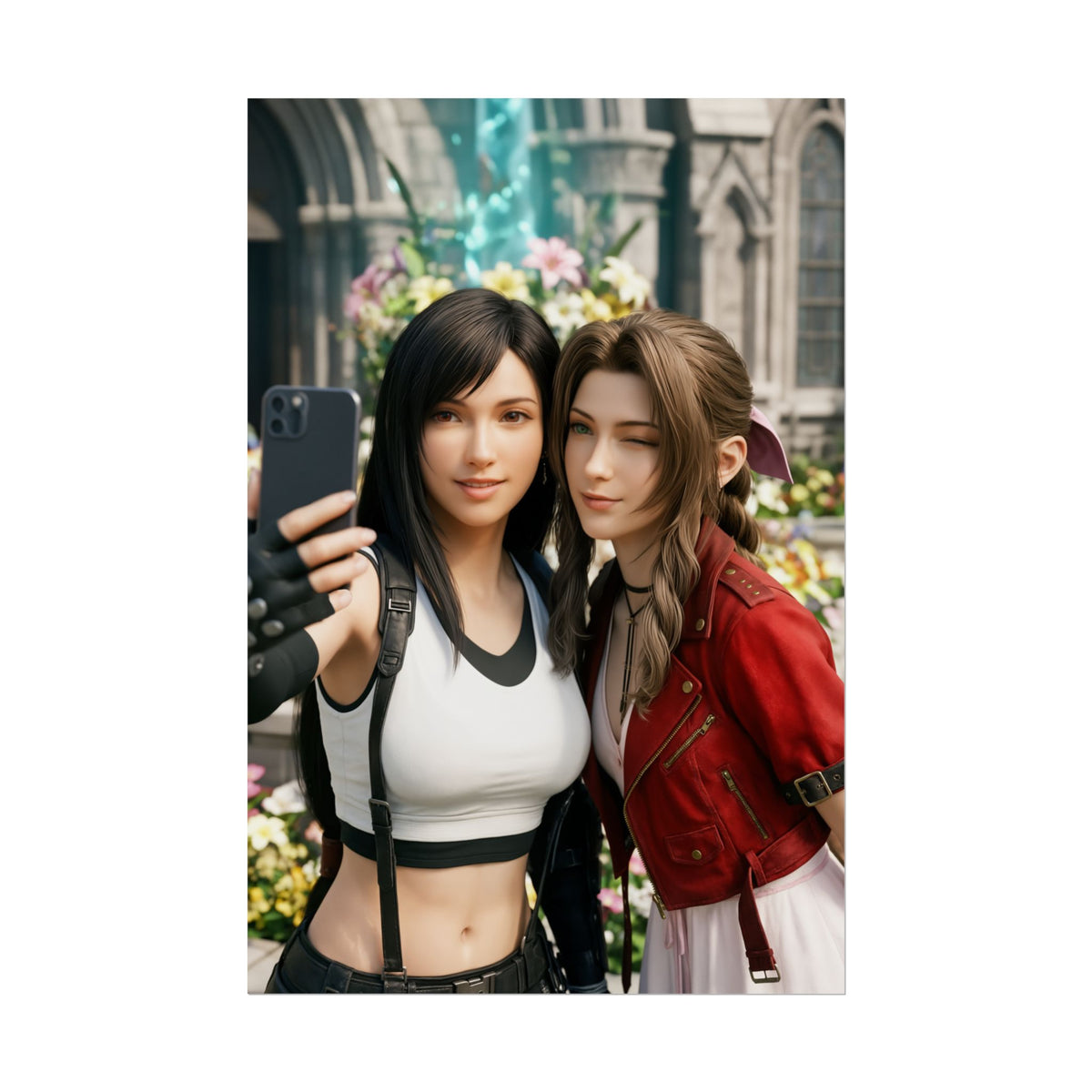 Tifa and Aerith Final Fantasy Poster  Iconic RPG Heroines Wall Art, high-res poster of Tifa and Aerith taking a selfie in a floral courtyard