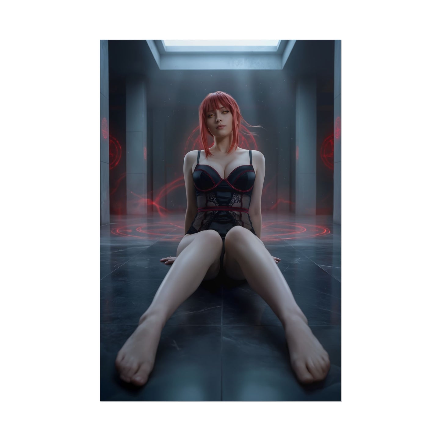 Makima Poster / Makima Wall Art / Makima Art Print / Chainsaw Man Poster featuring Makima seated in ominous room with red energy accents and piercing gaze