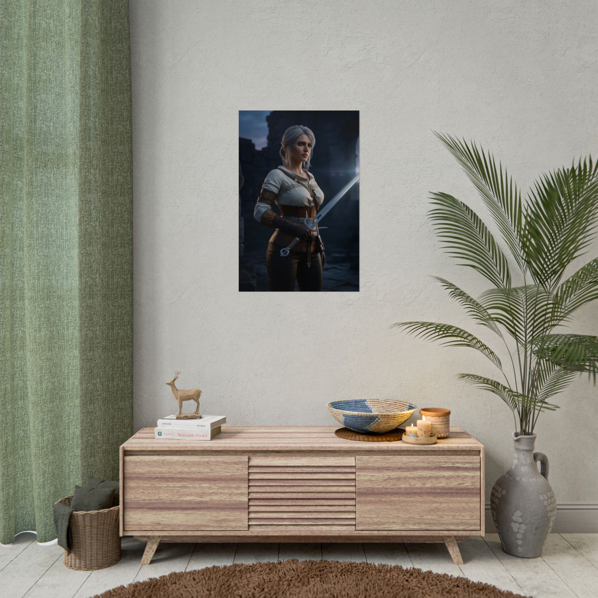 Ciri Poster, The Witcher Art Print – Iconic RPG Heroine Wall Art hung in modern gamer room showing Ciri with sword and dramatic lighting
