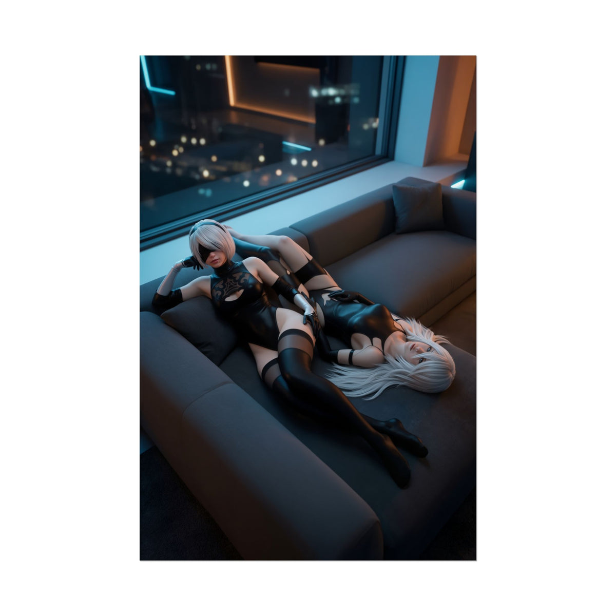 2B and A2 Poster, NieR Automata Art Print  Iconic Android Duo Wall Art showing duo reclining on modern sofa by window, gaming room decor