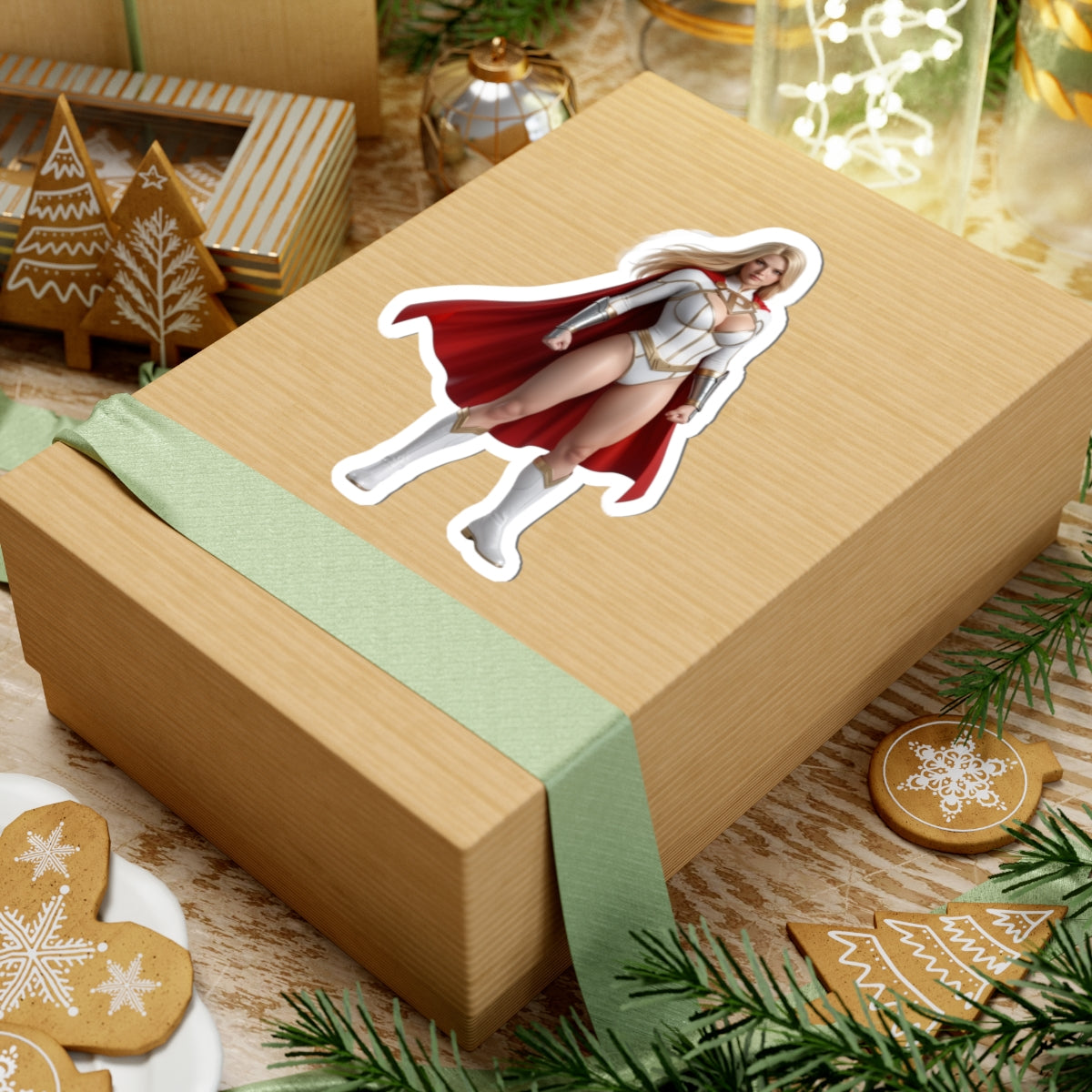 Power Girl Sticker – Comic Heroine Vinyl Sticker for Laptops & Indoor Decor on festive gift box, glossy durable vinyl, bold comic-style art
