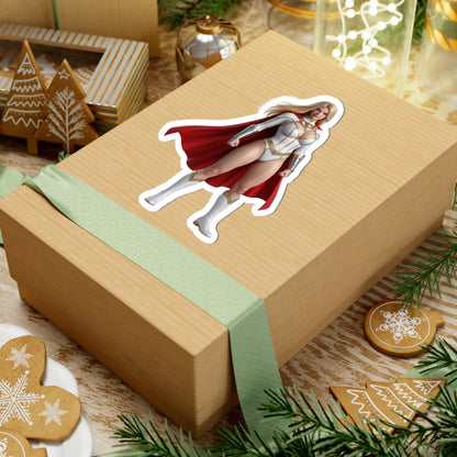 Power Girl Sticker – Comic Heroine Vinyl Sticker for Laptops & Indoor Decor on festive gift box, glossy durable vinyl, bold comic-style art