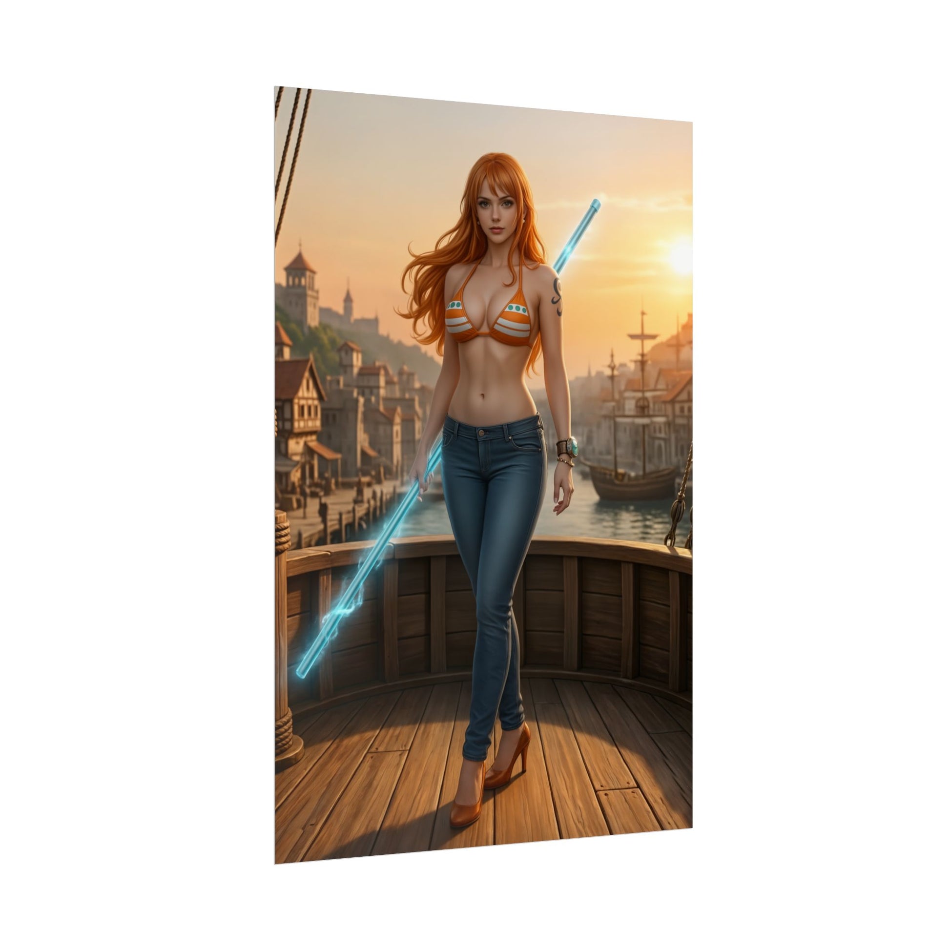 Nami Poster, One Piece Art Print, Iconic Navigator Anime Character - detailed anime art of Nami on a ship deck at sunset, stylish modern décor print