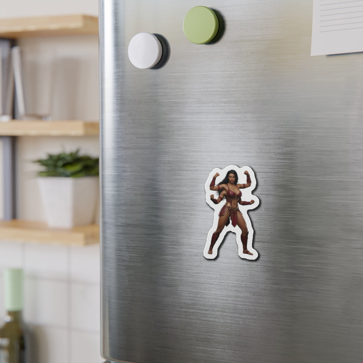 Sheeva Magnet – Mortal Kombat Warrior Fridge Magnet, Anime Style Decor die-cut vinyl on stainless fridge showing Sheeva warrior artwork