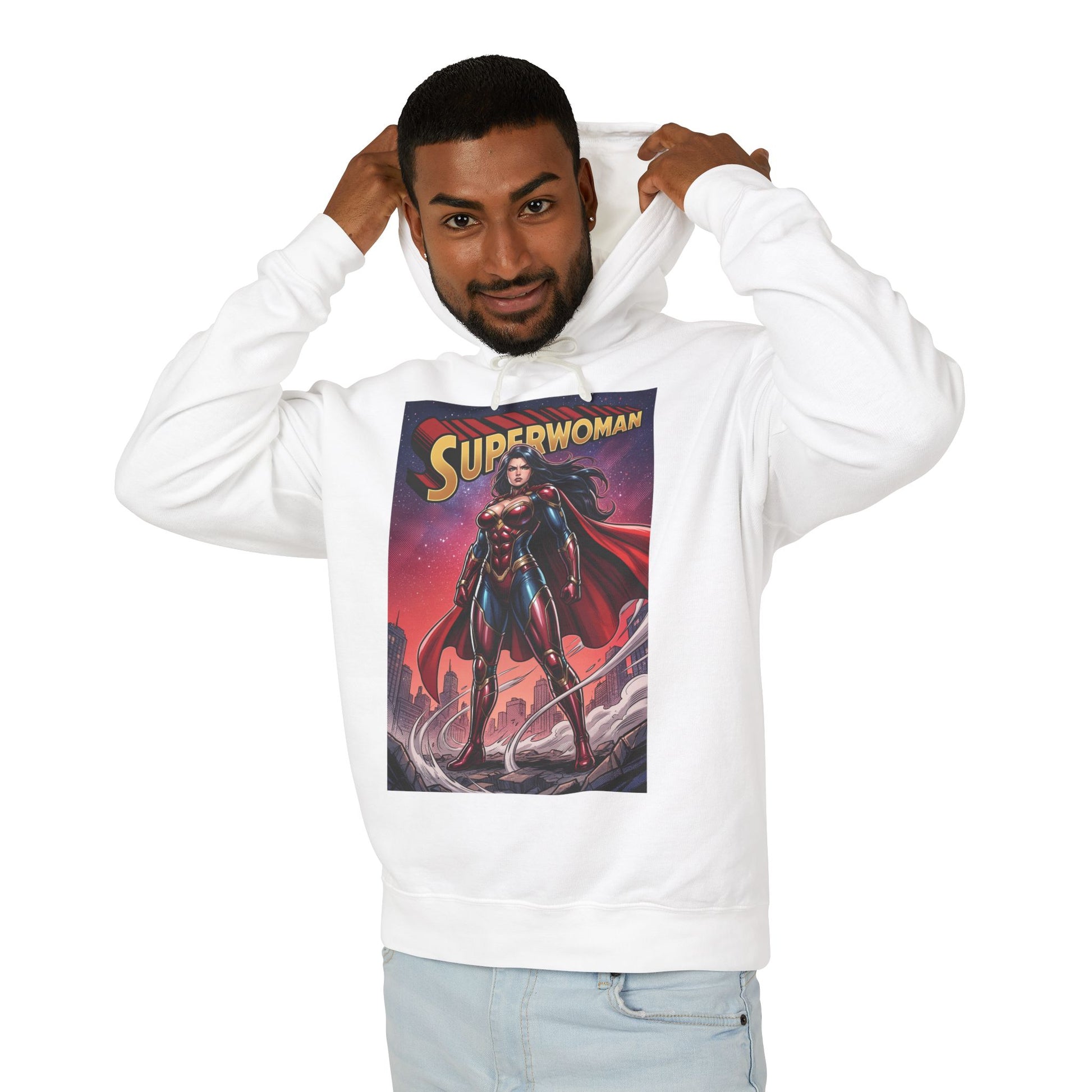 Superwoman Hoodie | DC Superhero Hoodie | Power Unleashed Pullover white pullover shown on male model with bold Superwoman comic art