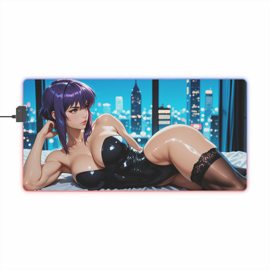 Motoko Kusanagi Desk Mat – LED RGB Pad, Cyber Waifu Anime Girl Setup showing reclining cyberpunk anime girl in glossy black outfit with city skyline background