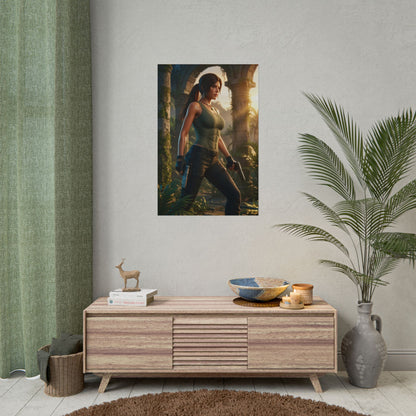 Lara Croft Poster, Tomb Raider Wall Art Print – Gaming Adventure Decor shown hung in modern gamer room with plants and media console
