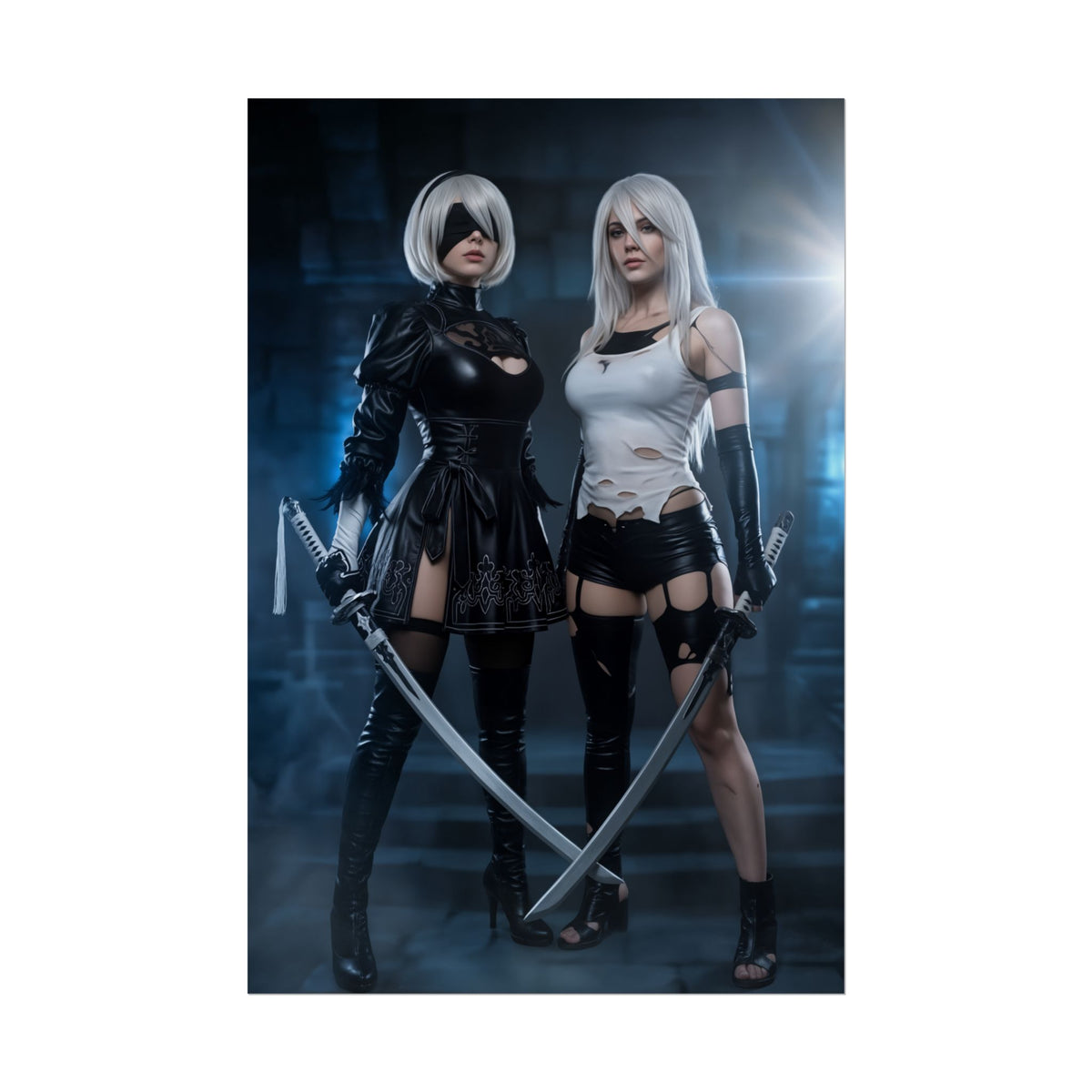 A2 and 2B Poster, NieR Automata Art Print  Iconic Android Duo Wall Art featuring two androids in dramatic cosplay with crossed katanas