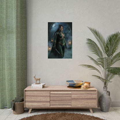 Talia al Ghul Poster, DC Comics Wall Art Print – Dark Hero Decor on modern media room wall over console, dark superhero decor