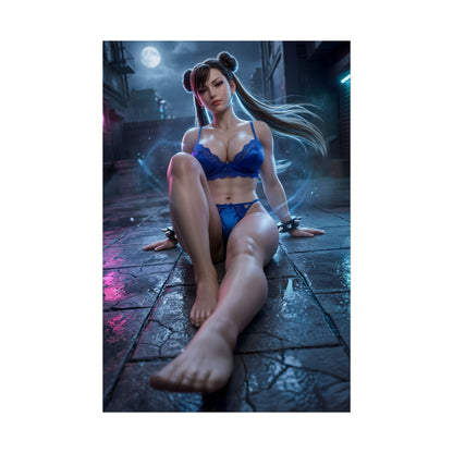 Chun-Li Poster / Chun-Li Wall Art / Chun-Li Art Print / Street Fighter Poster - neon city seated Chun-Li portrait emphasizing strength and elegance