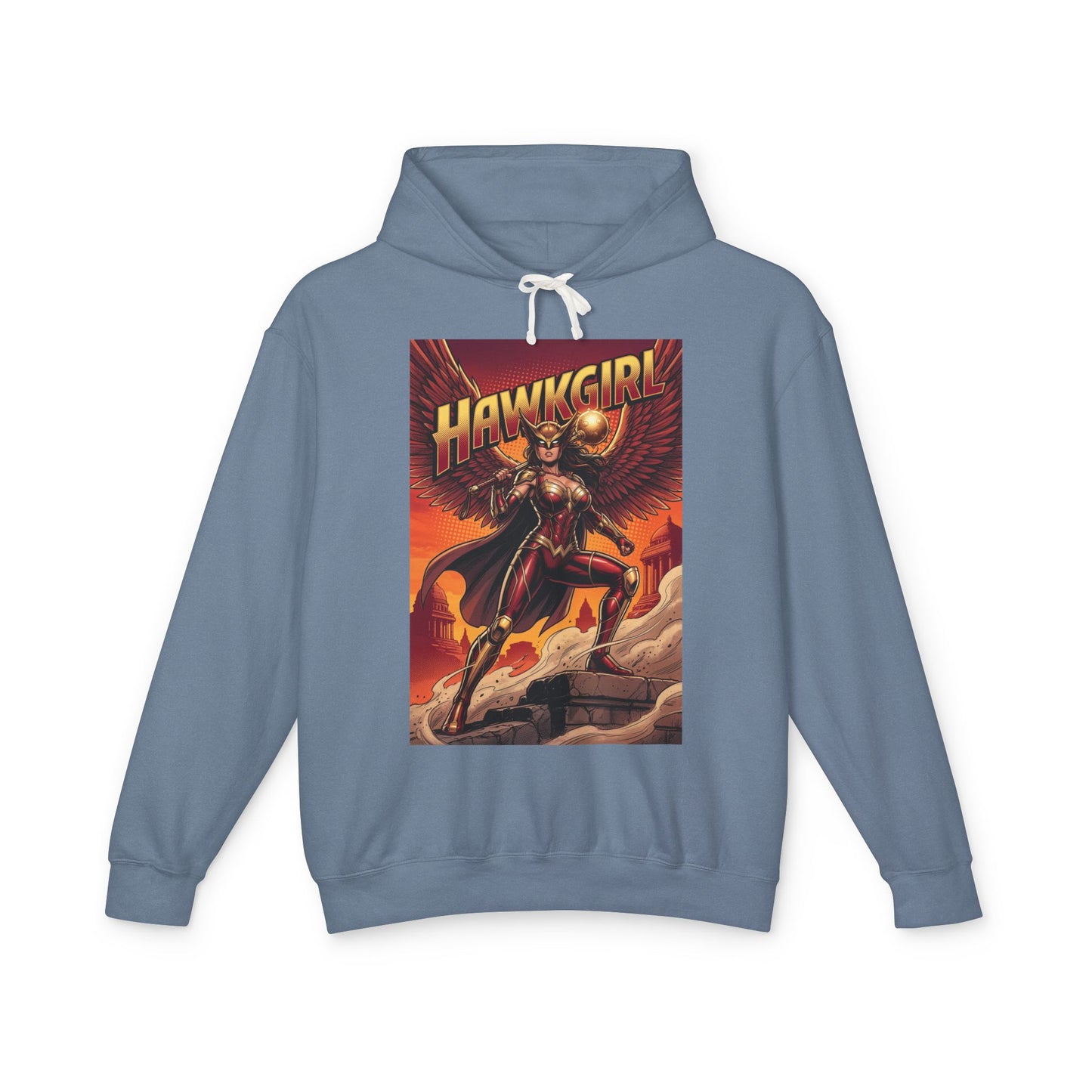 Hawkgirl Hoodie | DC Superhero Hoodie | Winged Warrior Pullover featuring vintage Hawkgirl graphic on soft breathable cotton pullover