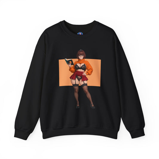 Velma Sweatshirt, Scooby-Doo Crewneck, Retro Fandom Apparel for Collectors & Fans - black crewneck with modern Velma illustration