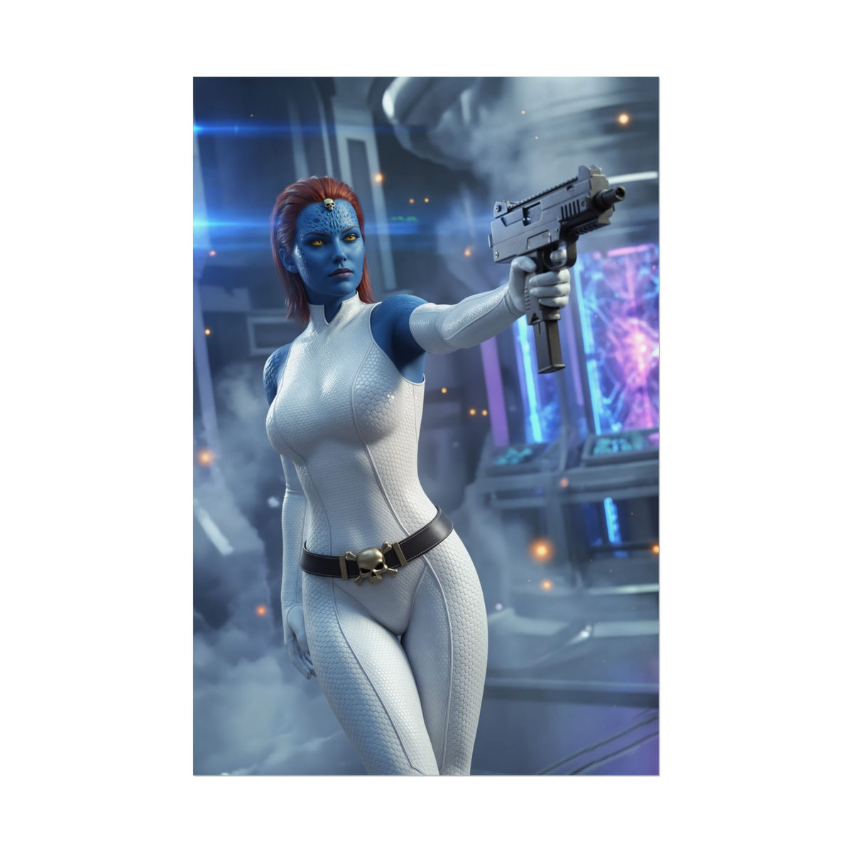 Mystique Poster, Marvel Art Print  Iconic Shape-Shifting Villain Wall Art - blue-skinned Mystique in white suit aiming futuristic pistol in sci-fi lab