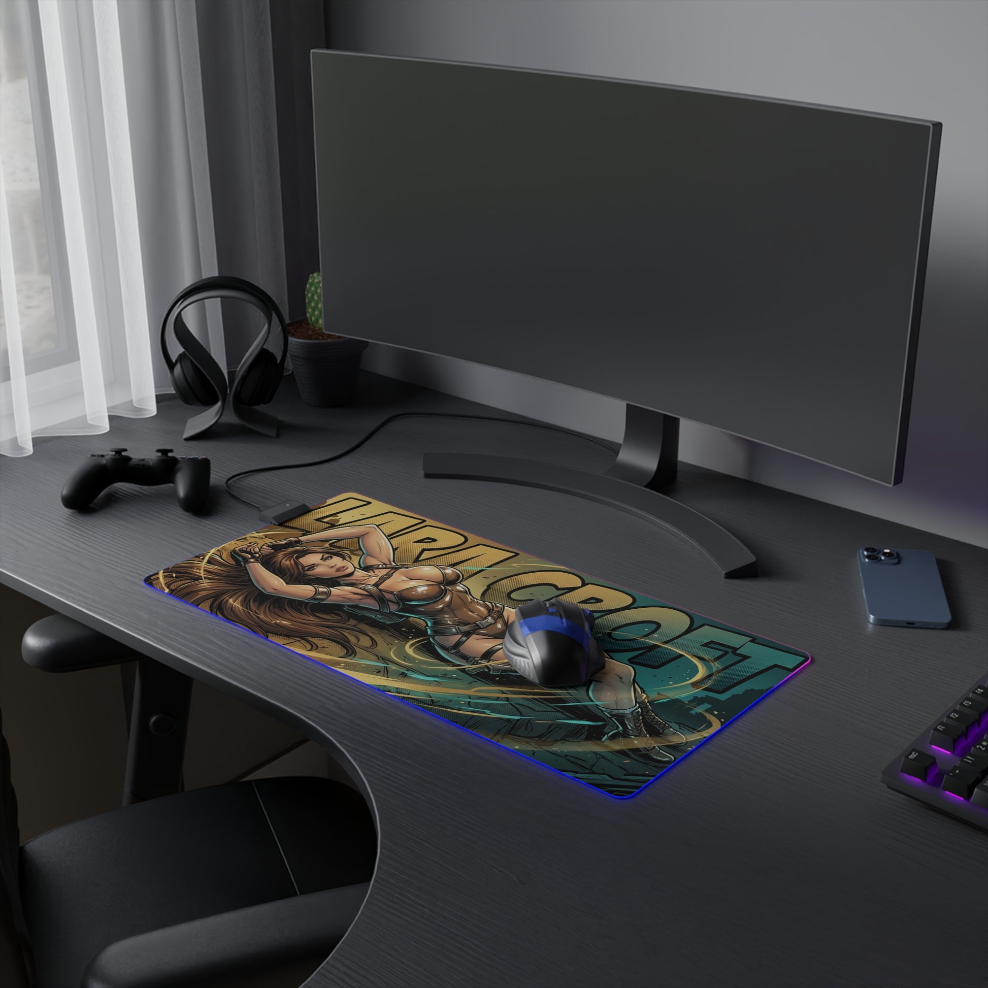 Lara Croft RGB Desk Mat, Adventure Game Gaming Mouse Pad, LED Desk Mat for Gamer Setup showcasing cinematic character art, RGB edge lighting on gaming desk