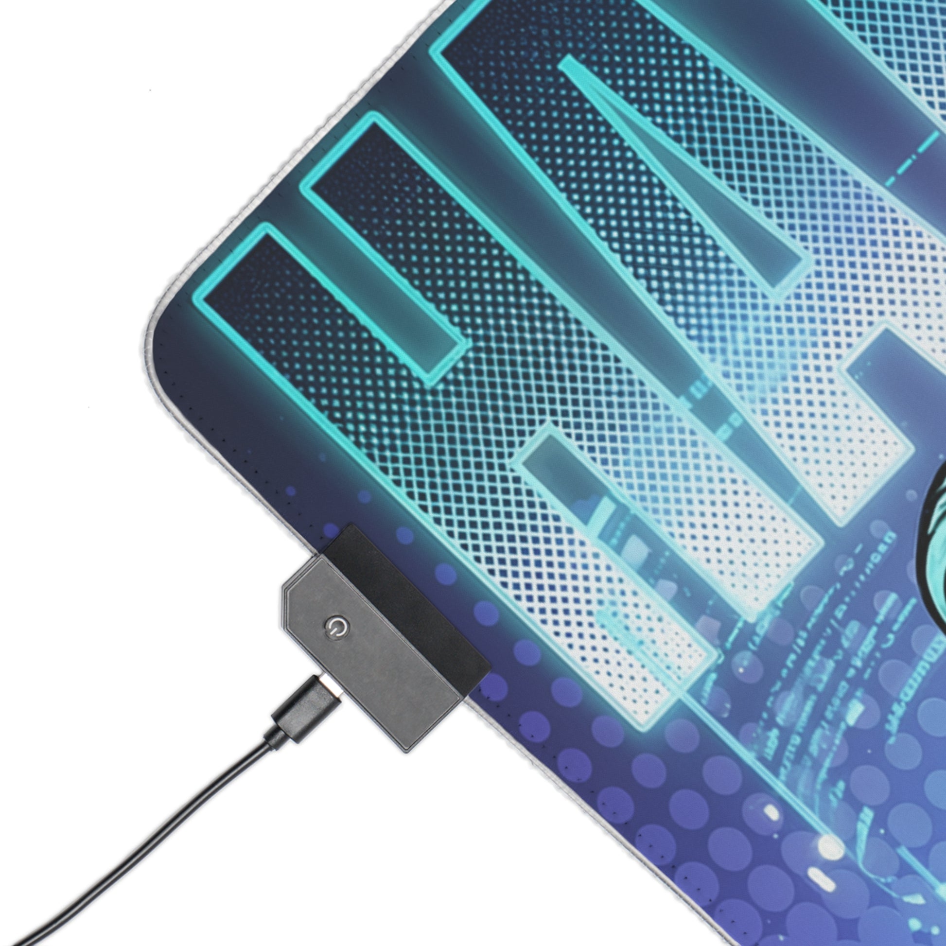 Hatsune Miku RGB Desk Mat, Anime Gaming Mouse Pad, LED Desk Mat for Gamer Setup showing corner RGB controller and blue futuristic anime artwork