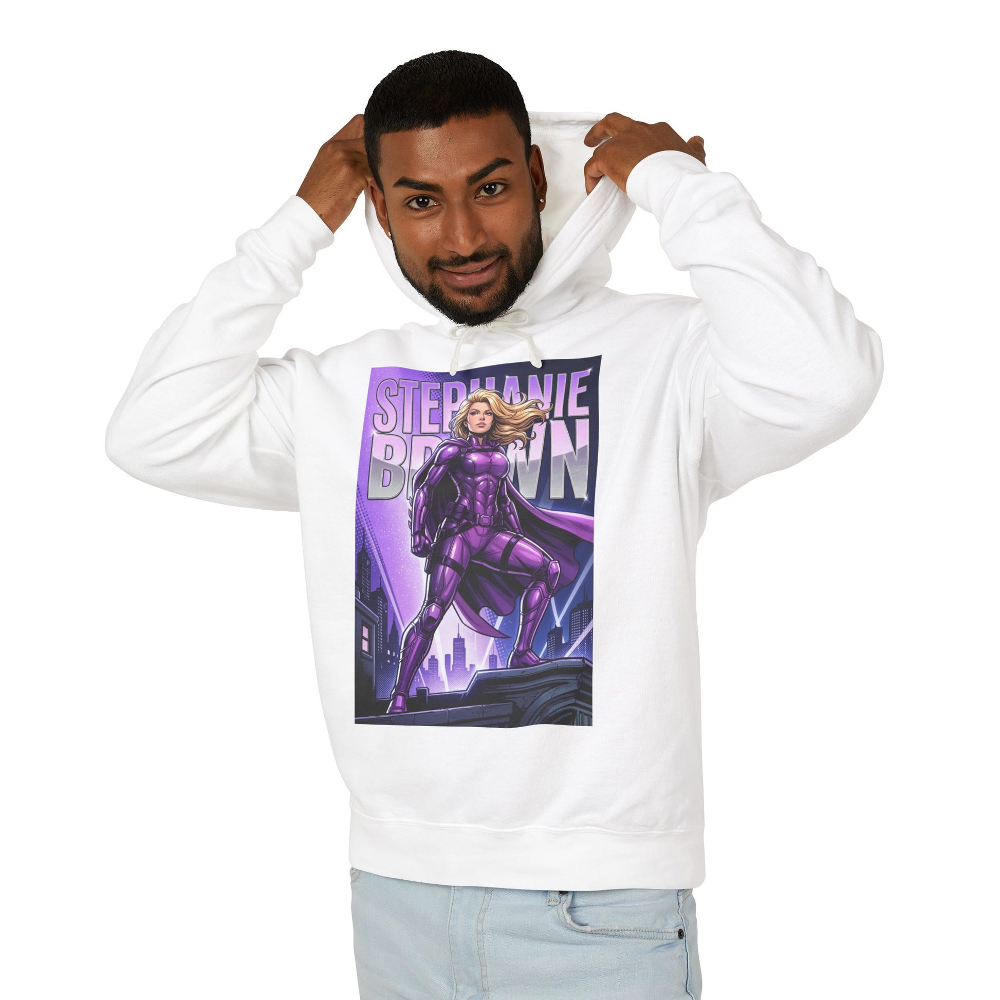 Stephanie Brown Hoodie | DC Superhero Hoodie | Spoiler Legacy Pullover - white pullover with purple Stephanie Brown graphic, lightweight 100% ring-spun cotton