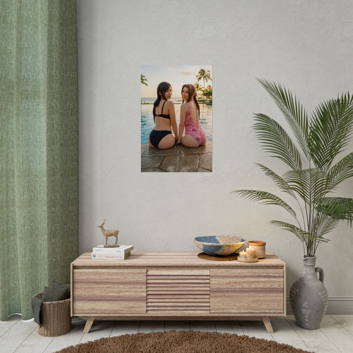 Tifa and Aerith Poster, Final Fantasy Art Print – Iconic RPG Heroines displayed in modern living room over console, vivid high‑res print