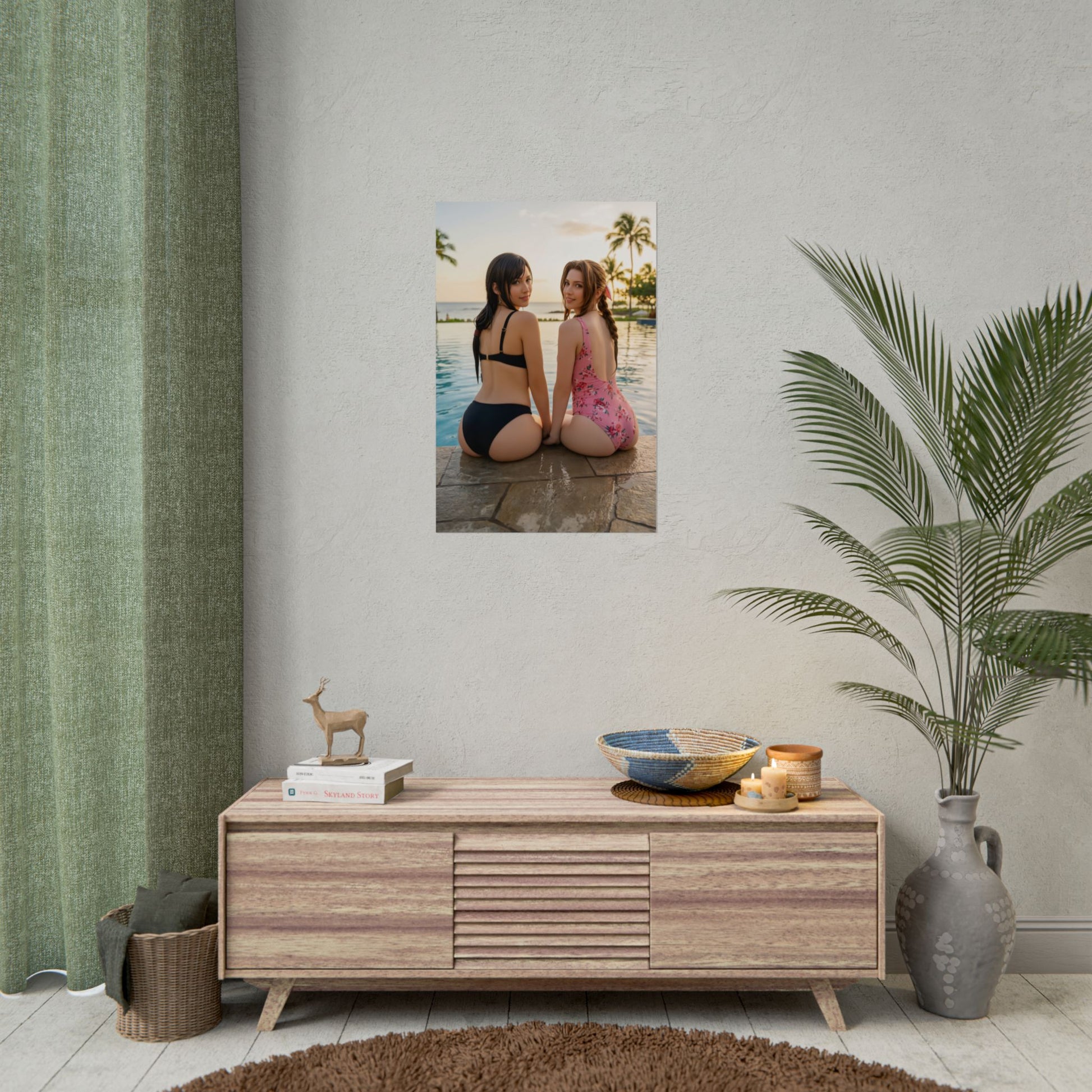 Tifa and Aerith Poster, Final Fantasy Art Print – Iconic RPG Heroines displayed in modern living room over console, vivid high‑res print
