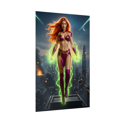 Starfire Poster, Teen Titans Art Print, Iconic Alien Hero Wall Decor featuring glowing alien hero in purple armor above a city skyline