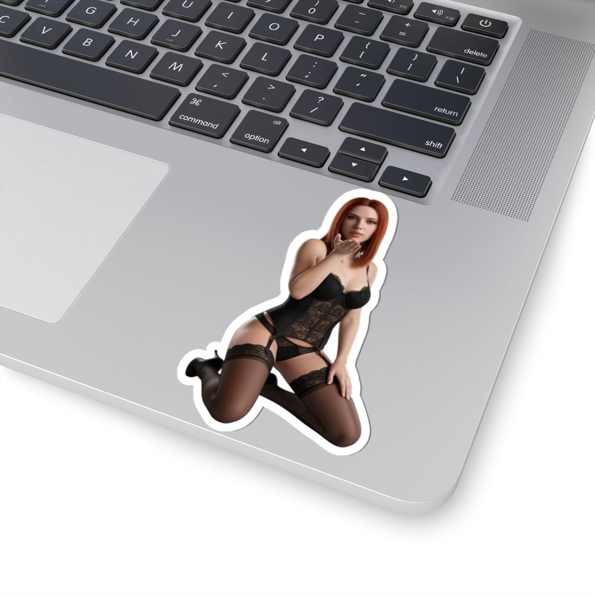 Black Widow Sticker – Comic Heroine Vinyl Sticker for Laptops & Indoor Decor on laptop showing glossy, durable vinyl comic-style heroine decal