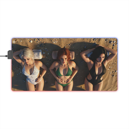 Ciri, Triss Merigold & Yennefer Desk Mat – LED RGB Pad with trio sorceress beach artwork, smooth precision-cloth surface and border RGB lighting