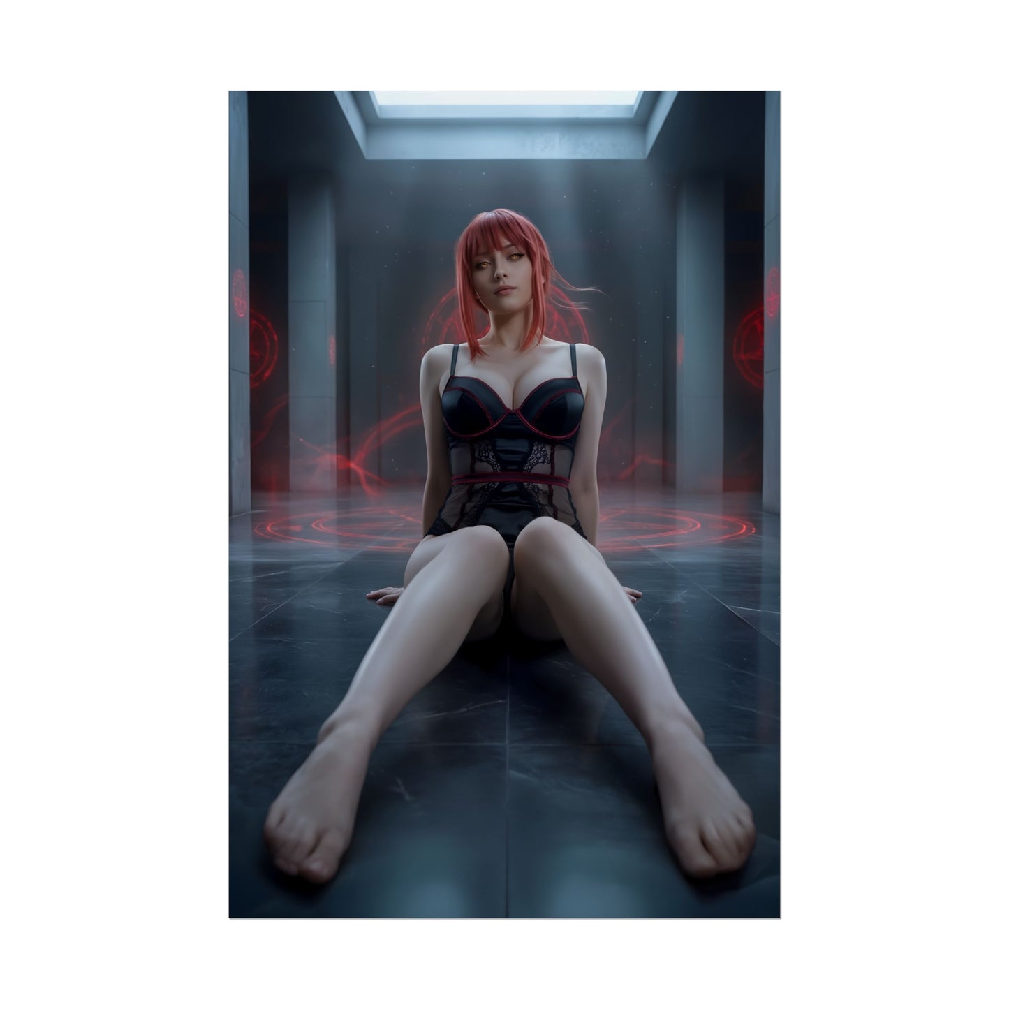 Makima Poster / Makima Wall Art / Makima Art Print / Chainsaw Man Poster - Makima seated in ominous sterile room with red energy accents