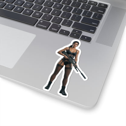 Quiet Metal Gear Sticker – Stealth Game Vinyl Sticker for Laptops & Indoor Decor on silver laptop, glossy die-cut vinyl showing tactical character with rifle