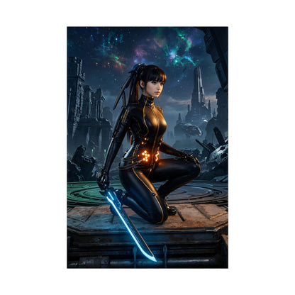 EVE Poster, Stellar Blade Print, Iconic Sci-Fi Warrior Art - sleek sci‑fi warrior kneeling with glowing blade in futuristic cityscape