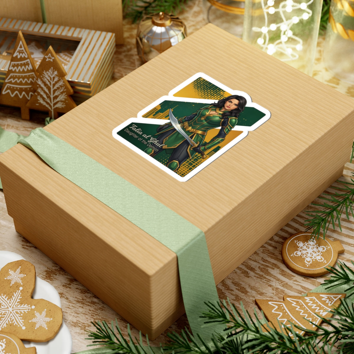 Talia al Ghul Sticker – Comic Villain Vinyl Sticker for Laptops & Indoor Decor on wrapped gift box, glossy vinyl decal of dark elegant comic-style character