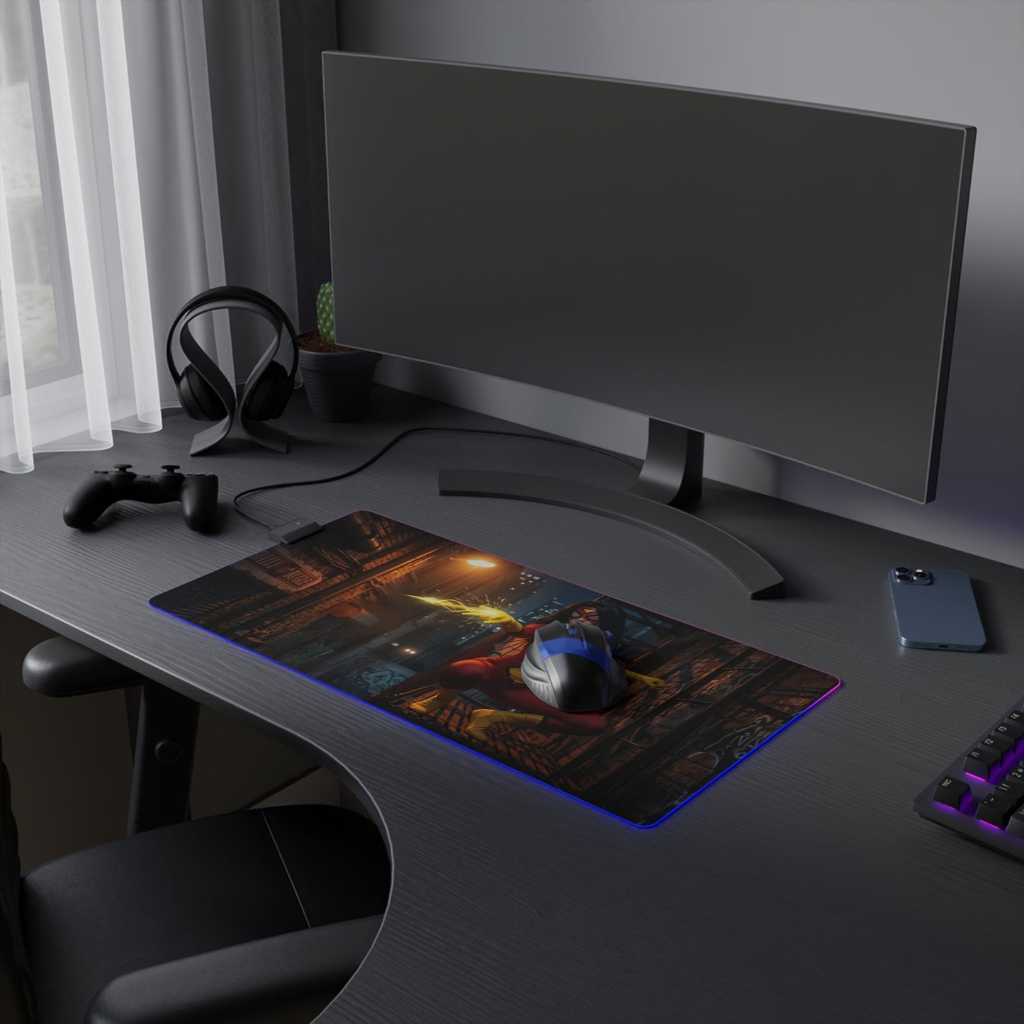 Spider-Woman Desk Mat – LED RGB Pad, Waifu Hero Anime Girl Setup on a modern gaming desk with RGB edge lighting and hero anime artwork