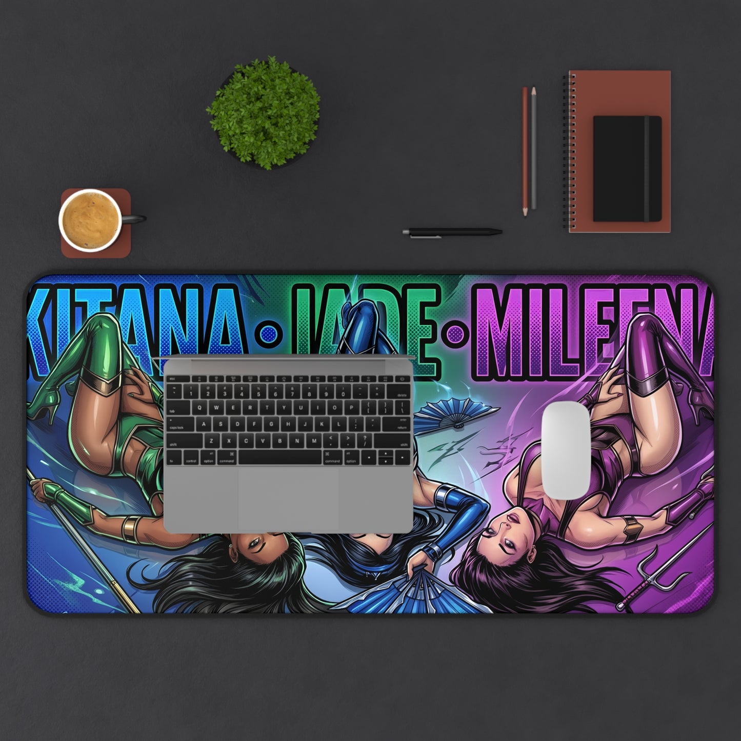Kitana Jade Mileena Mouse Pad – Fighting Game Gaming Mouse Pad, Gamer Desk Decor showing vibrant dual-character artwork on a wide gaming desk mat