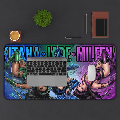 Kitana Jade Mileena Mouse Pad – Fighting Game Gaming Mouse Pad, Gamer Desk Decor showing vibrant dual-character artwork on a wide gaming desk mat