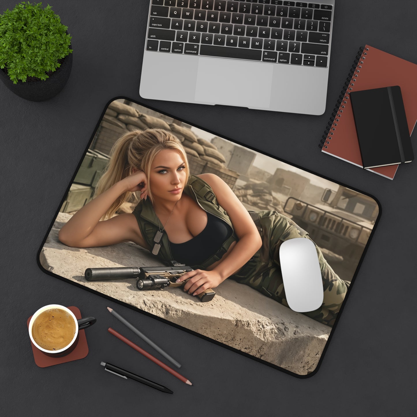 Sonya Blade Gaming Mouse Pad, Mortal Kombat Desk Mat, Special Forces Fighter Setup featuring Sonya Blade reclining with weapon on tactical desk mat