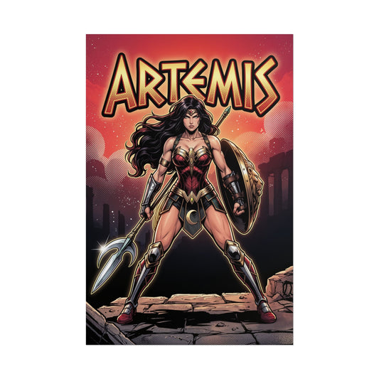 Artemis Poster / Artemis Wall Art / Artemis Art Print / DC Comics Poster - fierce Amazon warrior with shield, spear and bold armor against ancient backdrop