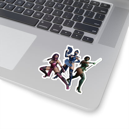 Kitana, Jade, Mileena Sticker – Mortal Kombat Vinyl Sticker for Laptops & Indoor Decor showing three iconic warriors on a laptop