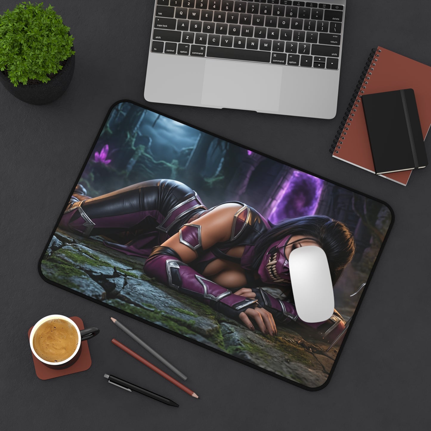 Mileena Gaming Mouse Pad, Mortal Kombat Desk Mat, Fierce Fighter Girl Setup — high-def edgy Mileena artwork on large gaming desk mat