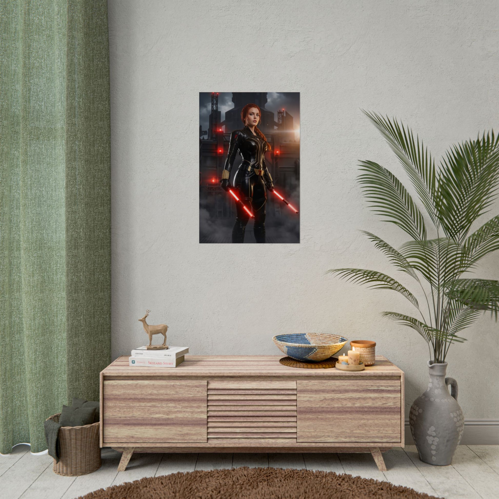 Black Widow Poster, Marvel Art Print – Iconic Spy Heroine Wall Art on living room wall, striking collector decor