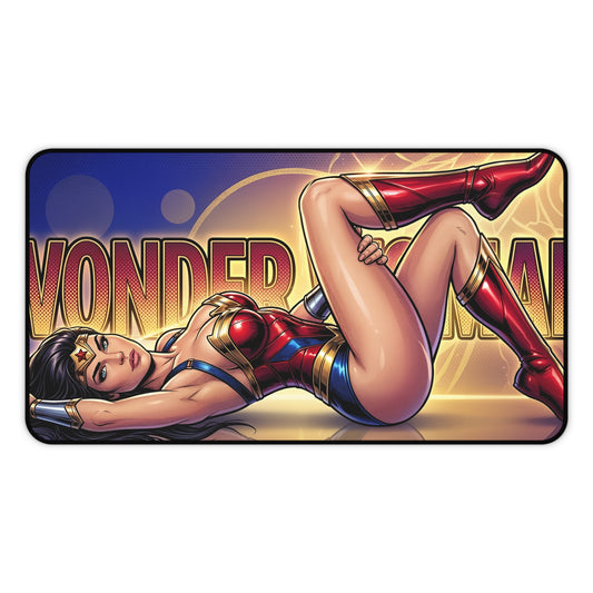 Wonder Woman Desk Mat, DC Hero Mouse Pad, Gaming Setup Desk Decor showing Wonder Woman reclining in armor with bold colors and non-slip stitched edges