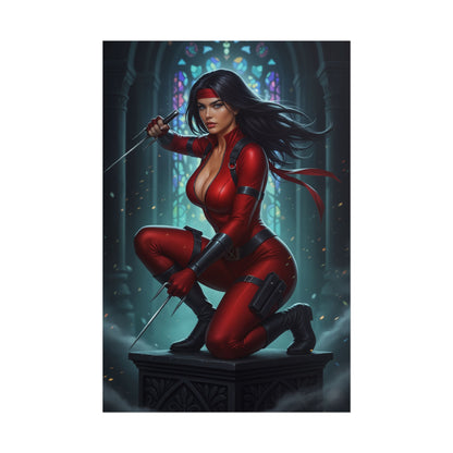 Elektra Marvel Poster – Iconic Assassin Heroine Wall Art for Gamer Decor, kneeling red-suited Elektra with sais in gothic stained-glass background